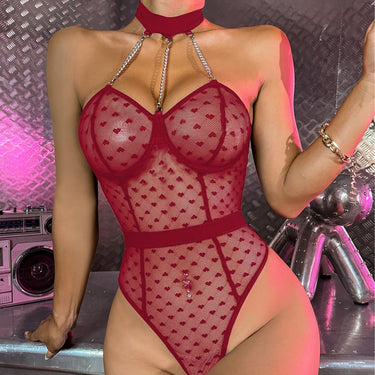 Mesh hollow metal chain patchwork gathered jumpsuit